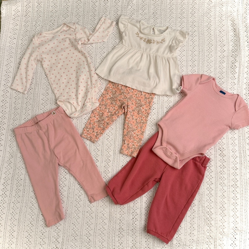 Baby Girls Pink & White Shirts Tops and Pants Sets Outfits Bundle Lot